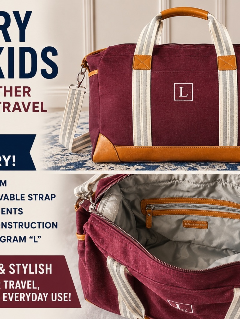 Pottery Barn Kids Burgundy Canvas Duffel with Tan Accents